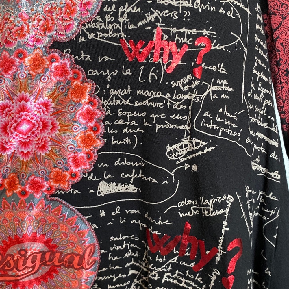 Desigual Black and Red Artistic Long Sleeve Dress Fit & Flare Midi V-Neck Med - Picture 10 of 17